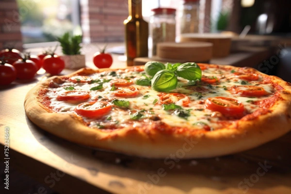 Fototapeta Pizza with vibrant tomatoes and basil on a sunlit wooden table.