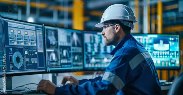 Fototapeta SCADA Engineer at Industrial Control Panel. Focused engineer operating SCADA system in industrial control room.