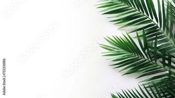 Fototapeta Palm tree with tropical leaves on a white background with a place to copy text, an even layer of green tropical leaves. The concept of recreation, tourism, and sea travel.