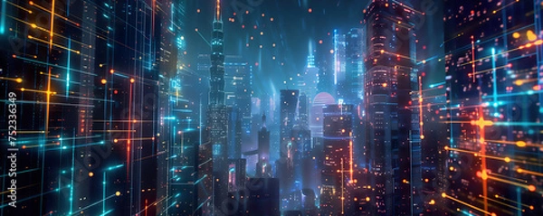 Fototapeta Digital network lines and nodes superimposed on a vibrant night cityscape, symbolizing connectivity