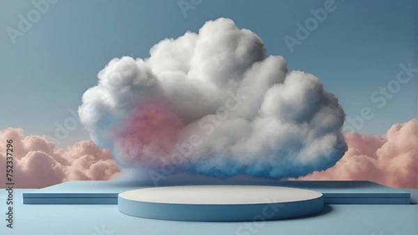 Obraz Cloud background podium blue 3d product sky white display platform render abstract stage pastel scene. Podium stand light minimal cloud background studio dreamy pedestal backdrop png smoke geometric