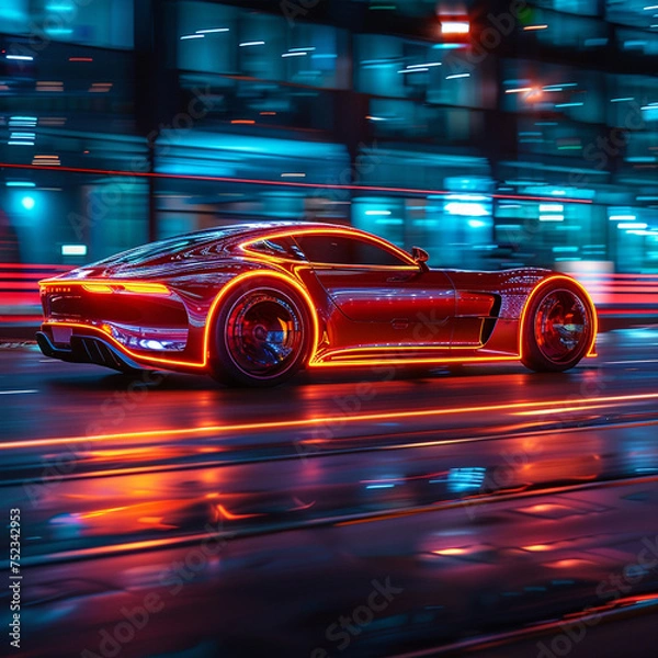 Fototapeta Modern futuristic car in movement. Cars lights on the road at night time. Timelapse, hyperlapse of transportation. Motion blur, light trails, abstract soft glowing lines ai technology