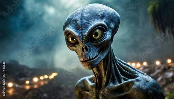 Obraz A blue big-eyed alien, scary creature, from other planet, galaxy, ufo