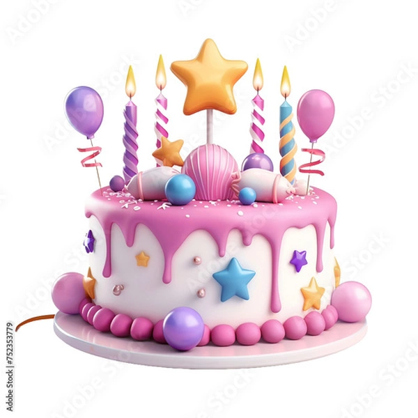 Fototapeta pink birthday cake with candles vector cartoon illustration isolated on transparent background - Generative AI