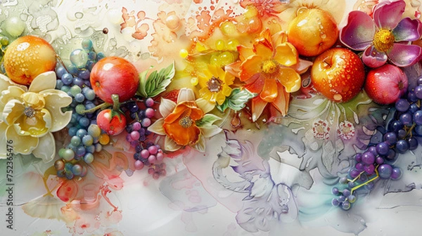 Obraz Fruits Watercolor abstract background, 3D fruits decorative painted artificial surface, Kitchen decorative photo, Generative AI.