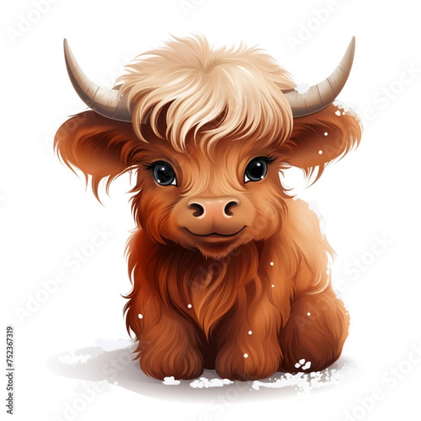 Fototapeta Baby Highland Cow Christmas illustration with outline with white Background no Shadow сreated with Generative Ai