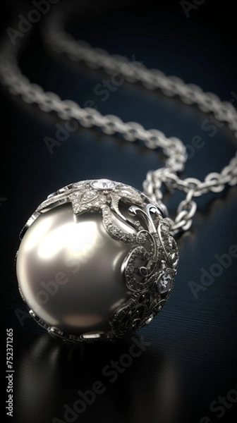 Obraz White gold necklace with pearl luxury, product photo, photorealism сreated with Generative Ai