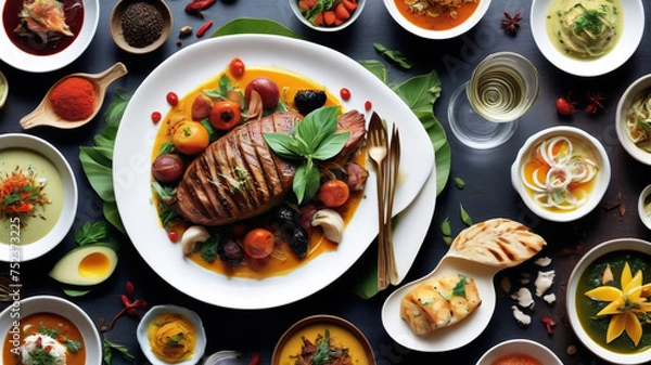 Fototapeta A diverse dish beautifully presented on a plate, generative AI

