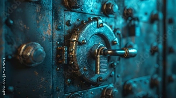 Obraz Secure Financial Technology Vault Door with Futuristic Interface. the concept of robust security measures in banking systems.