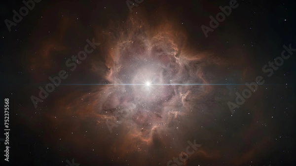 Fototapeta A radiant star bursts with light, cutting through the nebula's dust and gas, showcasing the dynamic processes of the cosmos.
