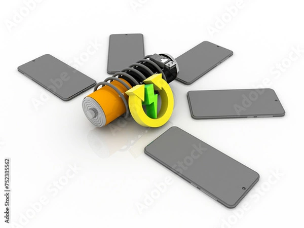 Fototapeta 3d rendering renewable energy sign with battery around mobile phone