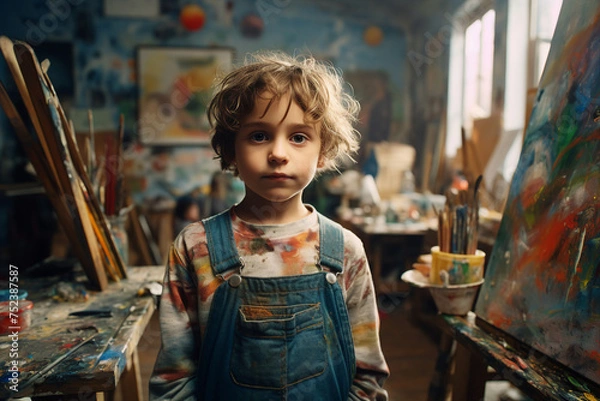 Fototapeta Little beautiful child draws on an easel in an art studio drawing school creativity generative AI