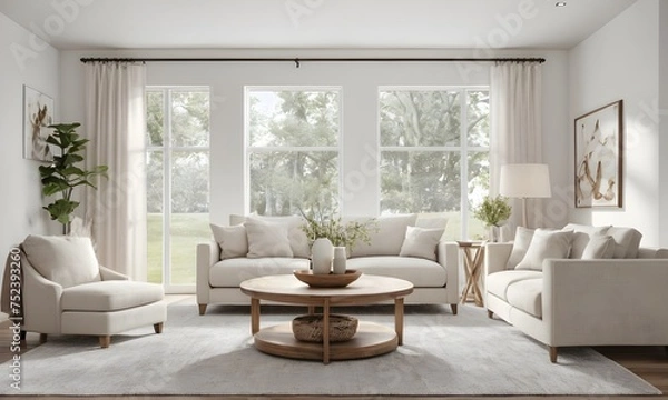 Fototapeta 3D render modern interior design for home, contemporary living room, office interior | Eco friendly home decor template