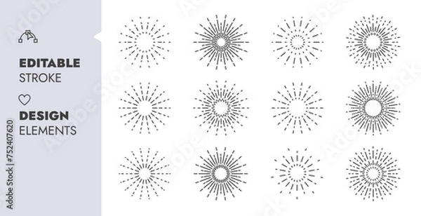 Fototapeta Sun Rays Decorative Frames, Sunburst Rays Design Elements. Vector Illustration Editable Stroke