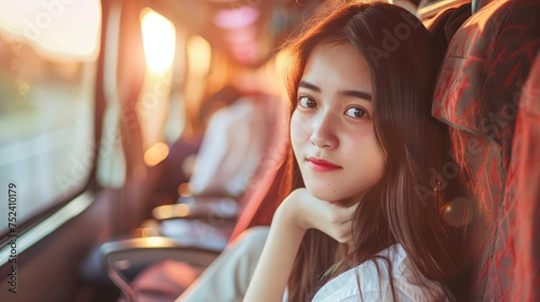 Fototapeta Girl tourist in an Asian bus goes on a trip