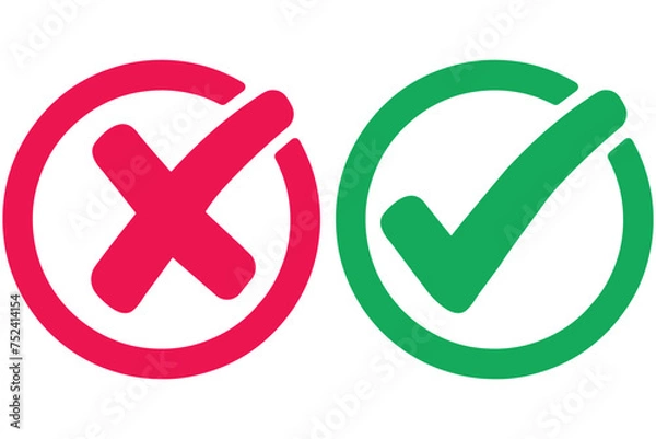 Fototapeta right and wrong icon with green and red, correct and incorrect symbol to guarantee the idea, agreement sign to confirm the right answer