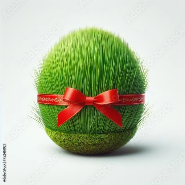 Fototapeta congratulations on Nowruz with a fresh and festive green herb sprout on a plate tied with a red ribbon