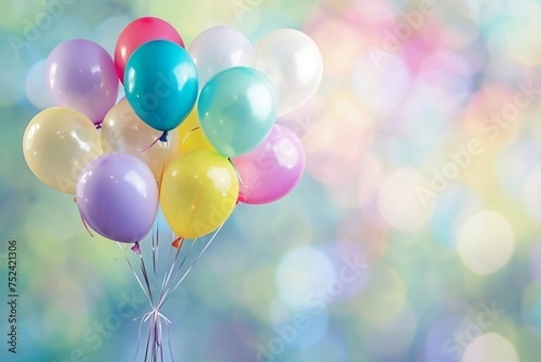 Fototapeta Playful product display with a blurred colorful balloons background ideal for childrens products and celebrations