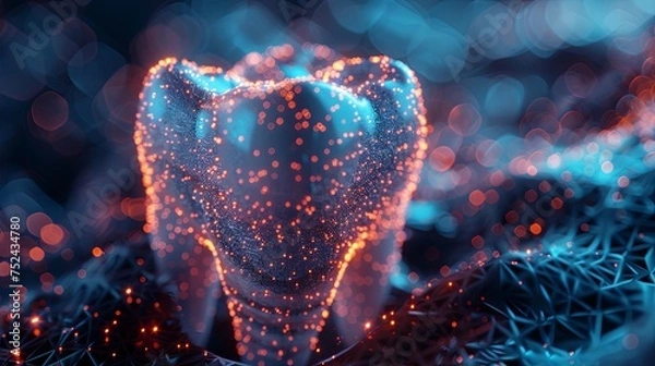 Obraz a blue tooth is glowing with blue light against a dark background, in the style of detailed anatomy, glass and ceramics, photo-realistic hyperbole. Generative AI