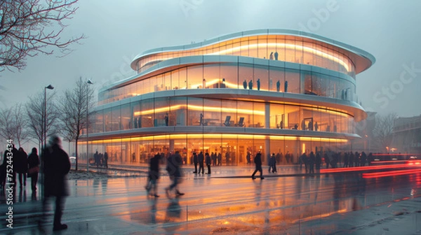 Fototapeta A minimalist geometric office building with evening lighting against the backdrop of city life with moving cars and people. Selective focus.