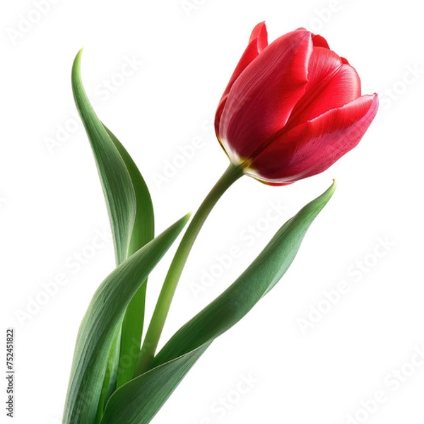 Fototapeta Single Red Tulip with Green Leaves on Transparent Background, PNG, Concept of Spring, Nature, and Floral Beauty