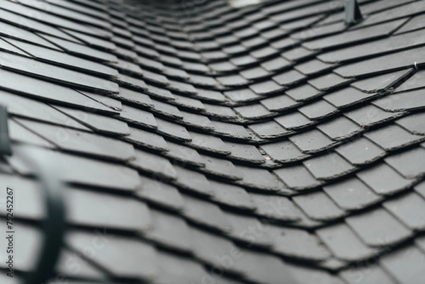 Fototapeta Schieferdach mit Schneehaken auf einen neu eingedeckten Dach.