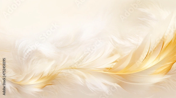 Fototapeta background white and gold  feathers, airy design, texture feathers, minimalist, softness,  light, elegant,  space for text 