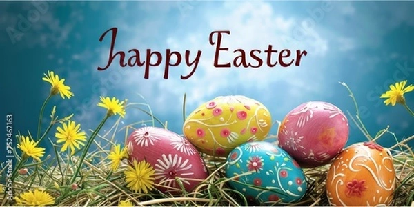 Fototapeta Easter colorful eggs and flowers, blue background. Text  "Happy Easter".