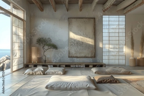 Fototapeta Sparse Japanese living room, wabi-sabi aesthetics, Sunlight spills into a serene, minimalist bedroom with rustic walls, showcasing a natural vibe with its earthy textures and a tranquil ambiance.