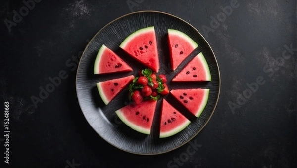 Obraz Top view watermelon on plate on empty black background, space for text, empty space for advertising
