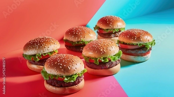 Fototapeta Grupa 6 hamburgerów na stole na niebiesko czerwonym geometrycznej aranżacji
