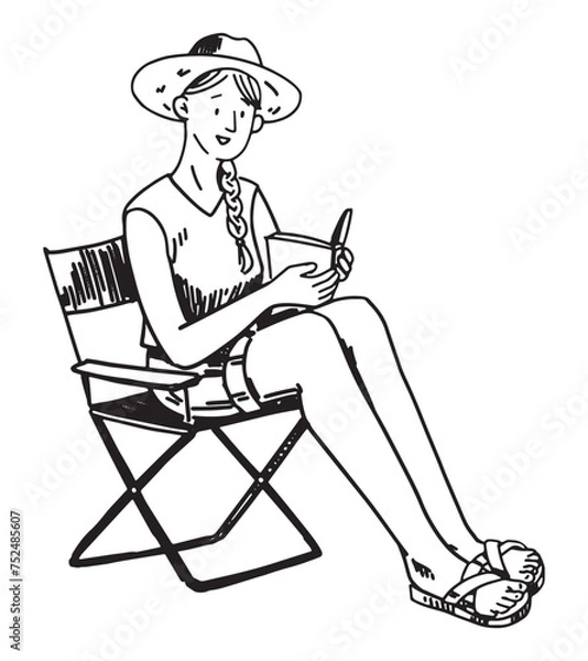 Obraz Camper sketch, tourist clipart. Doodle of a girl reads a book on a folding chair. Hand drawn vector illustration in engraving style.