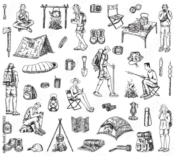Obraz Camping doodles collection. Sketches set of people traveling, hiking equipment, journey supply. Vector illustration isolated on white.