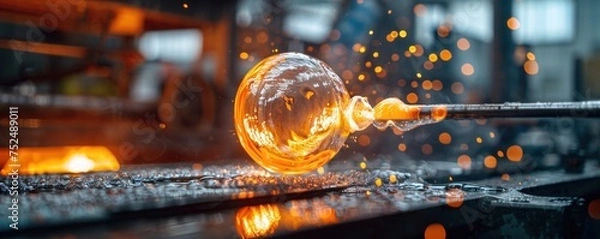 Fototapeta Craftsman Demonstrating Glass Blowing in Studio: Skillful Artisan Turning a Breath of Air into Molten Glass