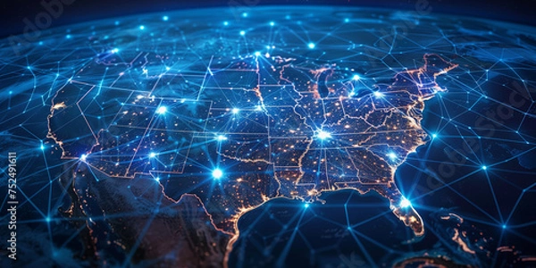 Obraz An Abstract Map Showing America and USA Communications and Digital Connectivity: Cyber Technology and Information Exchange