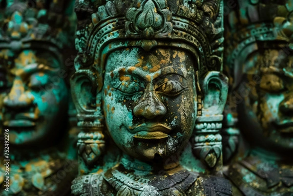 Fototapeta Weathered patina on the gates of a mysterious jungle temple Close up