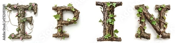 Obraz Alphabet letters F, P, I, N made of branches with green leaves
