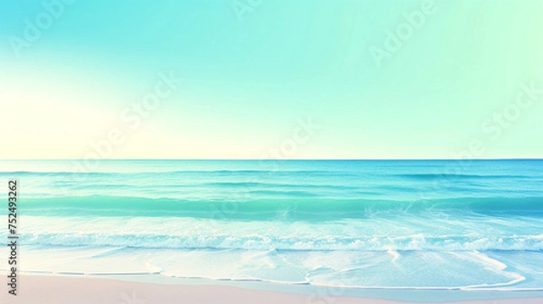 Fototapeta blue waves, sea, ocean and sky, light turquoise and mint, gradient from blue to green, background, minimalist and tranquil