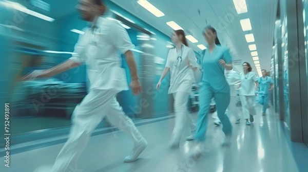 Fototapeta Grupa lekarzy ubrana w białe fartuchy i codzienne stroje spaceruje po korytarzu szpitalnym. Mają skupione miny i rozmawiają na temat pacjentów.