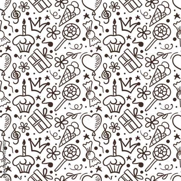 Obraz Hand drawn birthday background with gift in a box, sweets and ice cream .  Seamless pattern in doodle style.