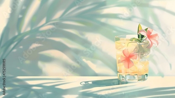 Fototapeta Yellow cocktail with a flower in the glass. Palm tree shadow background. Pastel colors. Minimalist concept