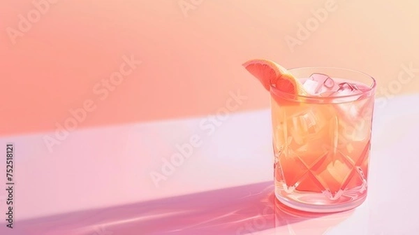 Fototapeta Orange cocktail with a slice of fruit. Crystal glass and its shadow. Background of pastel colors.