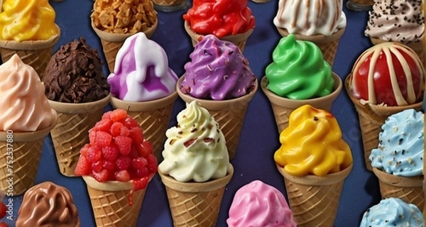 Obraz Animate a picture of a cone ice cream topped with various ingredients. Make the toppings fall onto the ice cream one by one, creating a delightful and visually appealing avalanche -AI Generative