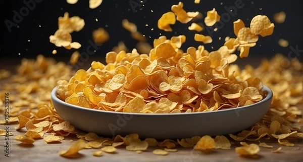Obraz Illustrate the mesmerizing chaos of cornflakes in a dynamic composition, with a mix of suspended flakes, some mid-fall, and others resting on surfaces. -AI Generative