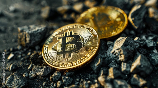 Fototapeta Two gleaming Bitcoins rest upon a dark, coal-strewn surface, contrasting wealth and raw materials