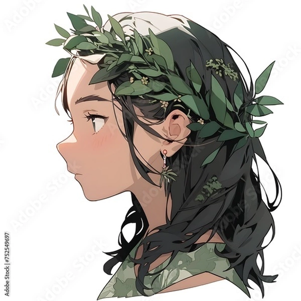 Fototapeta Cartoon anime style avatar side-view portrait of a young woman with long dark hair decorated with leaves