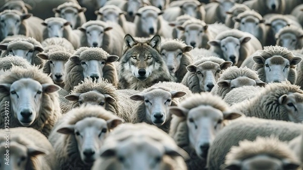 Fototapeta Wolf in sheep's clothing hiding among a flock of sheep.Concept photo of those playing a role contrary to their real character with whom contact is dangerous. AI generated illustration