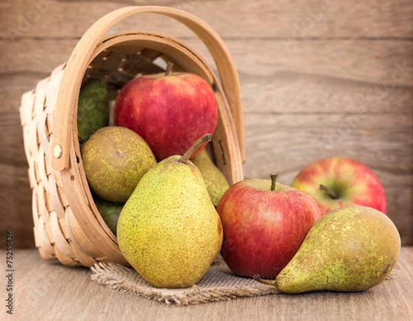 Obraz Pears and apples on wood table