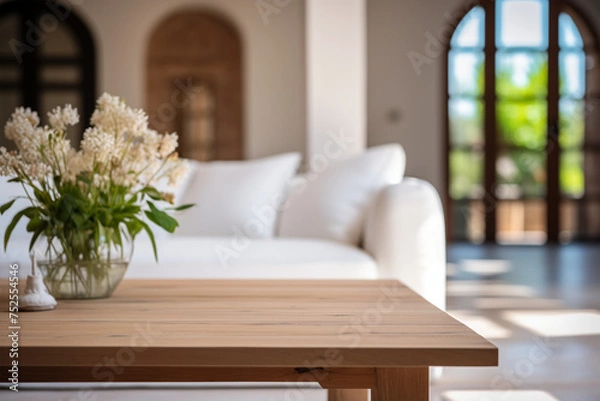 Fototapeta Close-up of front empty wooden table with blurred French country home interior design of the modern living room. Mock up. For product display montage.