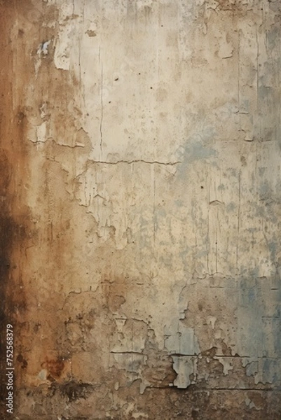 Fototapeta Weathered wall with peeling paint next to a red fire hydrant, suitable for urban backgrounds